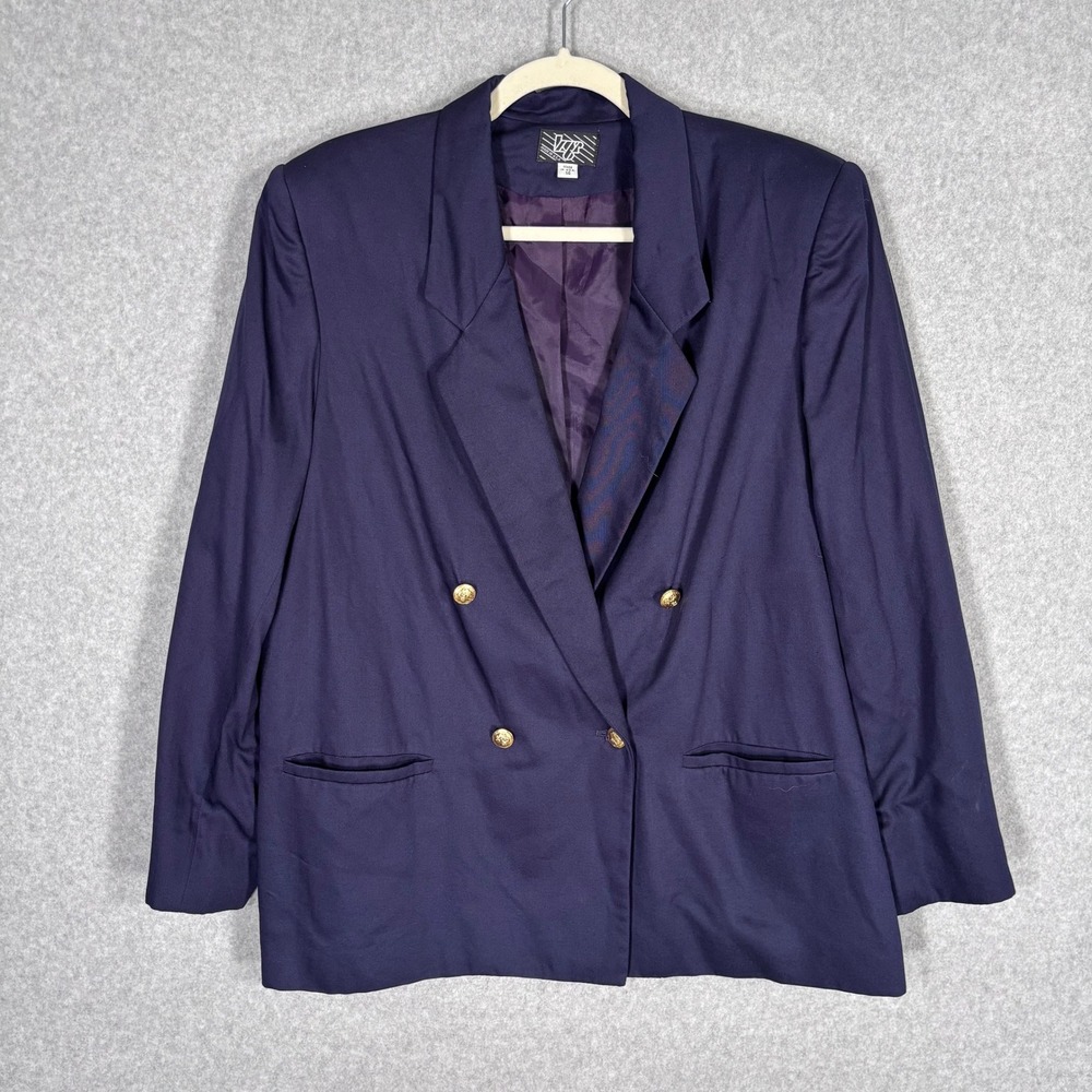 Vintage Double Breasted Blazer 14 Purple Blue Gold Crest Button Oversized Pocket